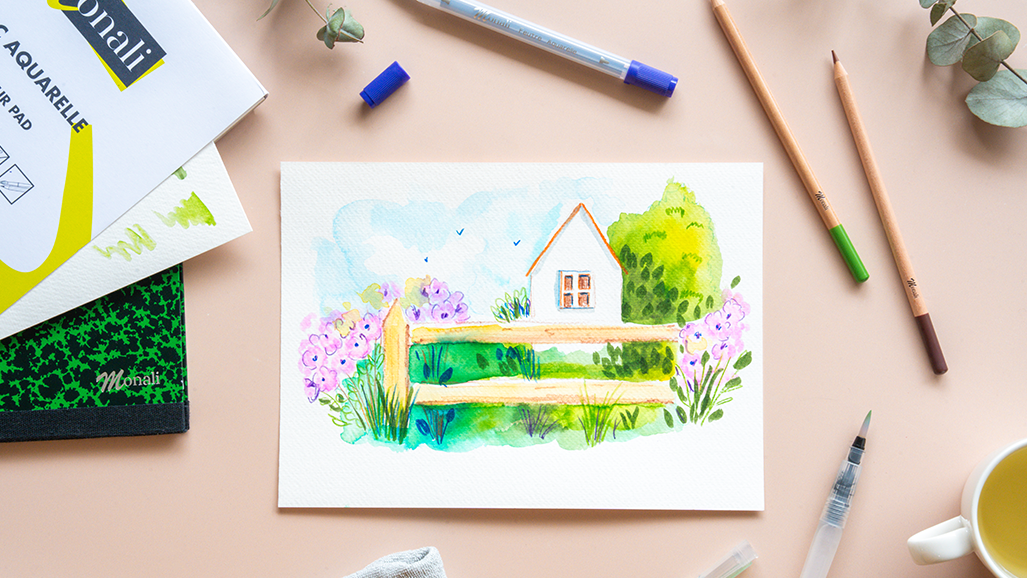 Tuto paysage avec feutre et crayon aquarelle