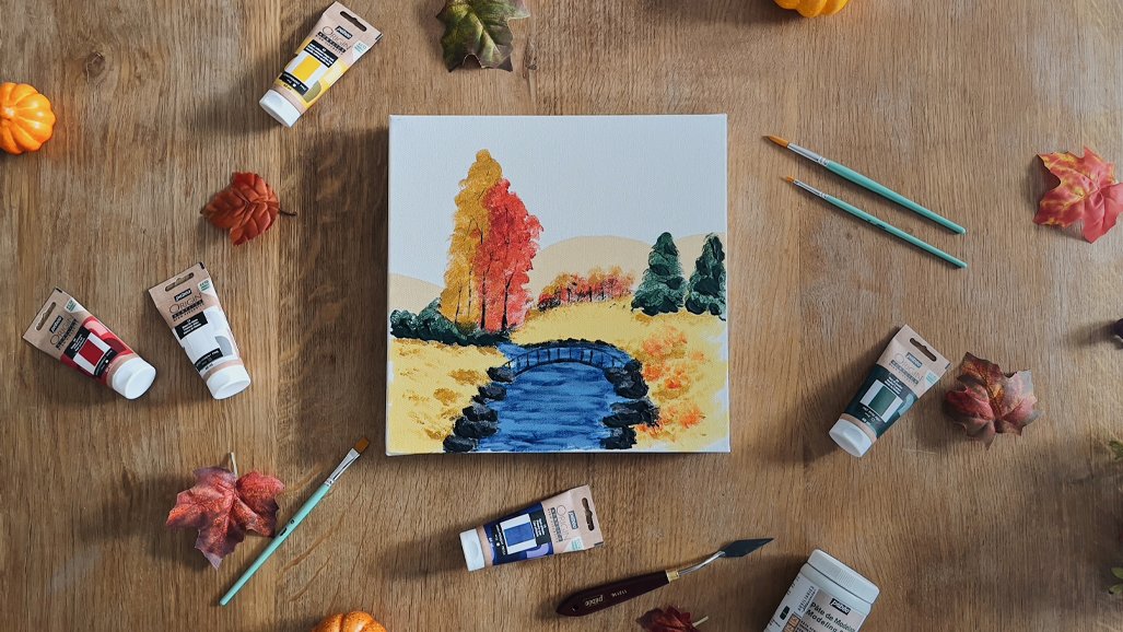 Tuto paysage d'automne texturé en peinture acrylique Pébéo